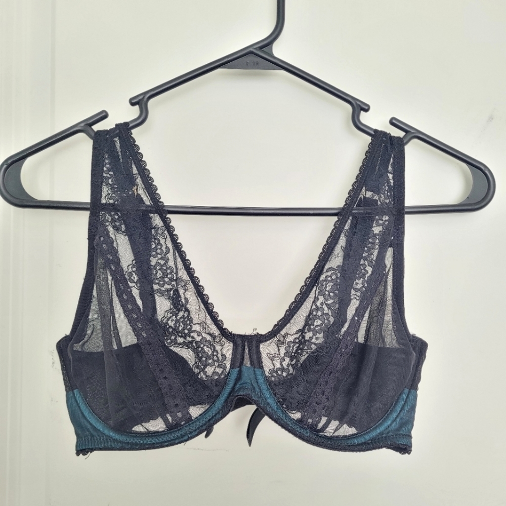 Mimi Holliday Black Lace Bra with Jade Green Band - Size 32DD/32E - NEVER WORN